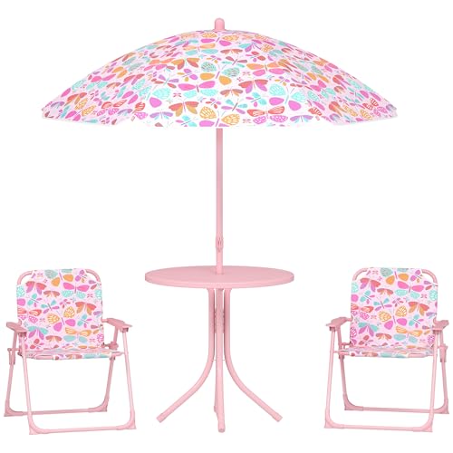 Qaba Kids Picnic Table and Chair Set, Outdoor Activity Table with Foldable Chairs, Removable Umbrella, Butterfly Pattern Toddler Patio Furniture for Backyard, Garden, Pink