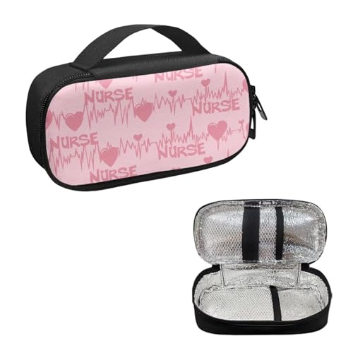 Pink ECG Print Diabetes Travel Case for Blood Sugar Monitor, Diabetic Medication Insulated Cool Organizer with 2 Zipper + 2 Inner Compartments for Travel Essential - color: Nurse Pink Ecg