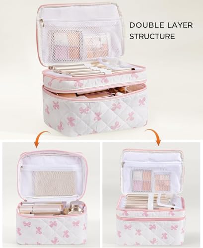 HBselect 2Pcs Travel Makeup Bag, Large Cotton Quilted Makeup Bag Cosmetic Bag Cute Make up Bag Toiletry Bags for Women Girls - color: 2PCS-BOW2