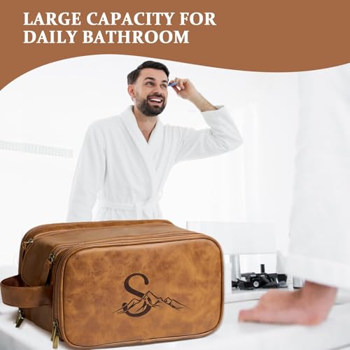 Janhavi Toiletry Bag For Men Waterproof, Groomsmen Gifts Personalized PU Leather Engraved Initials & Mountain, Mens Toiletry Travel Bag, Birthday Gifts For Men, Travel Tssentials (Brown A) - color: Brown, style: A