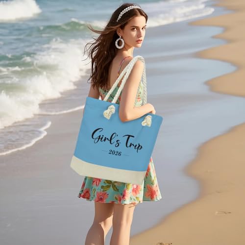 Fokongna Tote Bag For Women, Beach Bag Best Friend Travel Birthday Gifts, Travel Parties Vacation Shopping Essentials - color: Girls Trip Blue