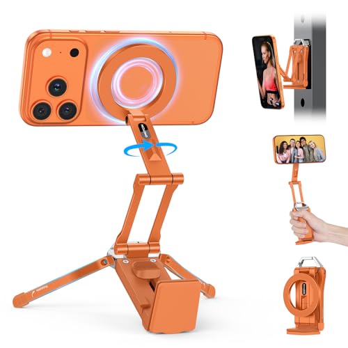 OMOTON TP02 360°Rotating for MagSafe Tripod Mount, Adjustable Aluminum Magnetic Phone Tripod for iPhone 17/16/15/14 Pro Max Air, Foldable Cell Phone Stand Fits Vlog, Gym, Travel Essentials, Orange - color: 4-Orange