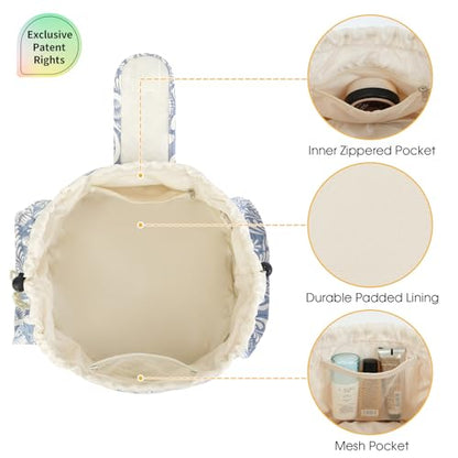 Narwey Barrel Drawstring Makeup Bag Large Cosmetic Bag Make up Bags Toiletry Organizer for Women (Blue Leaf) (Patent) - color: Y-Blue Leaf