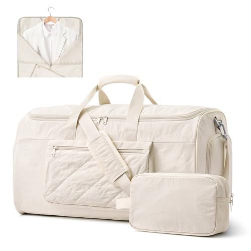 S-ZONE Garment Duffle Bags for Travel Carry on Convertible 2 in 1 Suit Bags Hanging Suitcase with Toiletry Bag 50L - color: Off-white