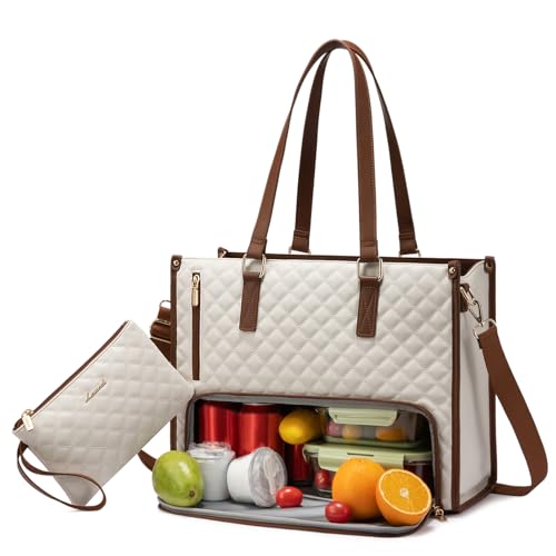 LOVEVOOK Lunch Tote Bag for Women, 15.6 Inch Laptop Bag with Insulated Lunch Compartment, Quilted Large Capacity Computer Handbag with Purse for Business, Work, Collage, Office, Casual, Beige-brown - color: Beige-brown, size: 15.6 Inch