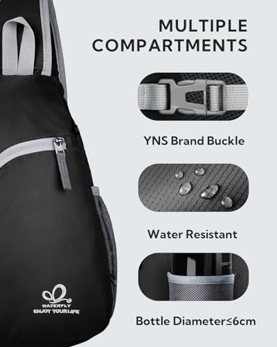 WATERFLY Crossbody Sling Bag Small Water Resistant Backpack Lightweight Shoulder Chest Daypack for Men Women Hiking Travel - color: Black
