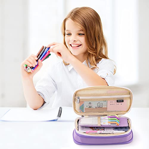 Large Capacity Pencil Case, Expandable Stationery Bag with Zipper compartments, Aesthetic Pencil Case Pouch for Office College School Students Teen Girls Boys - color: Purple Beige