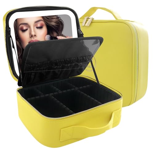 MOMIRA Travel Makeup Bag Cosmetic Bag Makeup Organizer Bag with Lighted Mirror, Adjustable Brightness in 3 Color Scenarios, Waterproof Makeup Train Case, Gift for Women - Yellow - color: Yellow, size: Small
