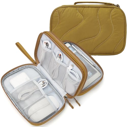 Skycase Tech Pouch - Lightweight Electronics Organizer Travel Case, Double Layers Travel Cable Organizer, All-in-One Storage Bag for Charger, Cord, Phone, Flash Drive, Accessories - XL - color: Wavy Pattern-Yellow, size: XL