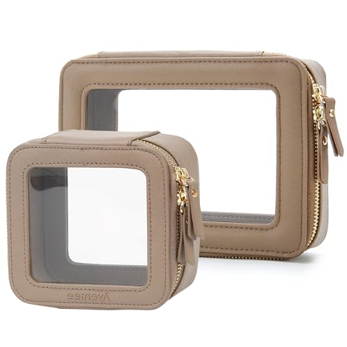 Aveniee Clear Makeup Bag Set (2-Piece Mini & Midi) - Travel Toiletry Organizer for Women, Waterproof Cosmetic Pouch & Car Accessory for Travel Size Toiletries, Taupe - color: Taupe, style: Compact Duo