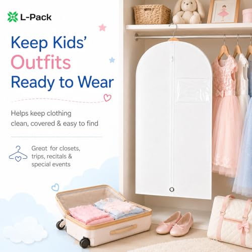 Kids Garment Bag for Hanging Clothes, Travel Garment Bag for Dresses, Dance Costumes & Suits, Breathable Clothes Cover for Baby Toddler Child, White, 30" x 18" - color: White