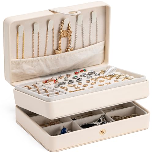 MODENGKONGJIAN Jewelry Organizer Box, 2-Layer Large Jewelry Storage Case, Portable Travel Jewelrys Display Holder for Earrings, Necklaces, Bracelets (Beige, PU Leather) - color: 2 Layer-Beige-PU Leather