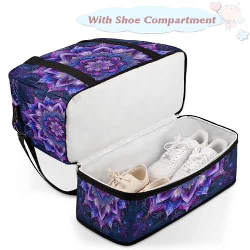 Travel Duffle Bags With Shoes Compartment for Women Men Purple Mandala Lightweigh Sports Tote Gym Bag Boho Flower Foldable Canvas Weekender Overnight Carry On Luggage Handle Bag - color: B03:Purple Mandala