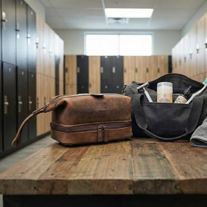 LEATHER VILLAGE Genuine Leather Dopp Kit – Large Travel Toiletry Bag with Waterproof Lining, Dual-Zip Design for Men & Women, Organizer for Shaving, Makeup & Essentials - Rustic Brown - color: Rustic Brown