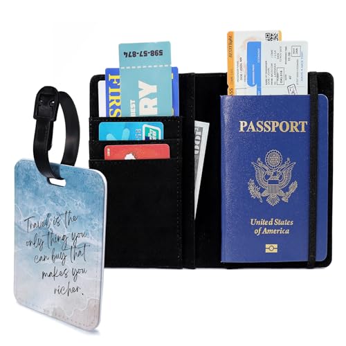 PDE-QUNLIAN Passport Book Holder,Passport Wallet for Men Mr and Mrs Passport Holder for Women Passport Cover World Map Passport Case for Couples Christmas Traveling Luggage Tag 2PCS - color: Beach Ocean 2Pcs (Passport Holder + Luggage Tag)