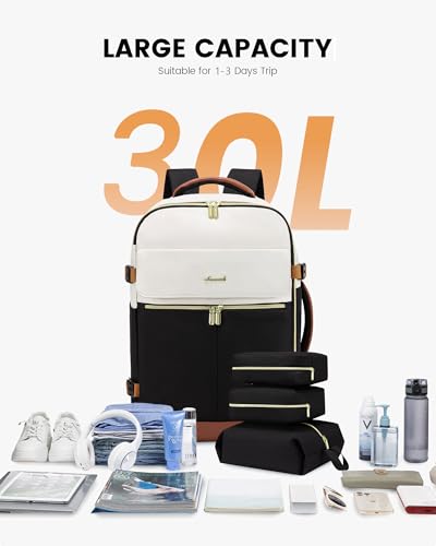 LOVEVOOK Travel Backpack for Women, TSA Carry On Backpack Flight Approved Luggage, 30L Water Resistant Personal Item Daypack Large Weekender Bag fit 15.6 inch Laptop with 3 Cubes, Beige-black-brown - color: Beige-black-brown, size: 35L-15.6 Inch-4Pcs