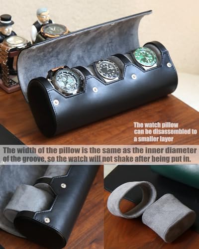 watch box organizer for mens watch case travel roll Portable 3 Watch Display Storage with Velvet Sections to Holder Large Watch (Black) - color: Black