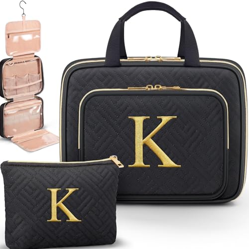 Gifts for Women, Initial Toiletry Makeup Bag Hanging Cosmetic Organizer with Embroidery Letter Personalized Nurse Teacher Appreciation Birthday Mothers Day Gifts for Mom Sister Wife Friends Auntie Her - style: K