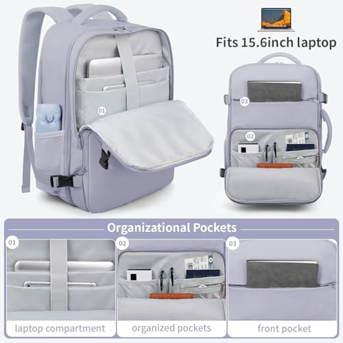 ZOMFELT Travel Backpack for Women Men, Carry On Backpack, TSA 15.6inch Laptop Backpack Flight Approved, Personal Item Travel Bag Nurse Bag Casual Daypack for School Weekender Business Trip, Purple - color: Purple