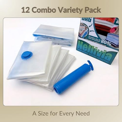 12 Pack Vacuum Storage Bags with Hand Pump, Compression Space Saver for Comforter, Bedding, Blanket Storage, Vacuum Seal Bags for Clothing, Travel Luggage Suitcase and Closet Organizer - size: 12 Combo