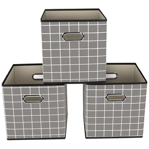 Yunkeeeper storage bins Cubes, Fabric Cube Organizer with Handle, Foldable Cube Bins for Cloth or Accessary Storage, 11x11x11, Set of 3,(Grey grid) - color: Grey grid, size: 3 Pack