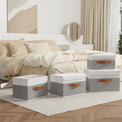 OUTBROS Foldable Storage Boxes, Large Linen Fabric, 15 x 9.8 x 9.8 inch, White/Grey, 3-Pack - color: White/Grey, size: 15x9.8x9.8in(3-pack)