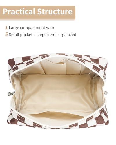 Narwey Checkered Makeup Bag Travel Cosmetic Bag Organizer Toiletry Bag Make Up Bags with Compartments for Women Girls (Large, Dark Checkerboard) - color: YB-Dark Checkerboard, style: Large