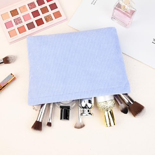SOIDRAM 2 Pcs Corduroy Makeup Bag Large Cosmetic Bag Toiletry Bag Makeup Pouch Travel Bag Organizer Cute Makeup Brushes Aesthetic Accessories Storage Bag for Women Blue - color: Blue #06