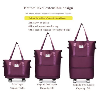 Expandable Foldable Duffel Bag with Detachable Wheels, 64L Large Capacity Rolling Travel Duffle Bag, Lightweight Carry on Luggage with Spinner Wheels, Weekend Gym Tote Bag (Deep Purple) - color: Deep Purple