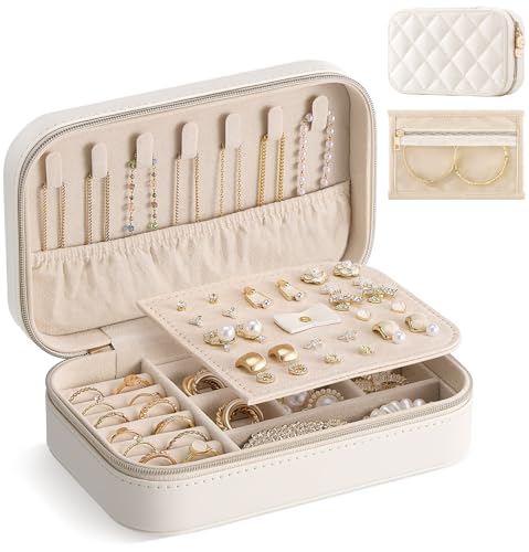 Lolalet Travel Jewelry Case for Women Girls, PU Leather Jewelry Organizer with Clear Storage Bag Small Portable Jewelry Box for Necklace Bracelet Earring Ring Birthday Bridesmaid Gifts -Medium/Beige - color: Beige, size: Medium (6.8"W*4.4"D*2.2"H)