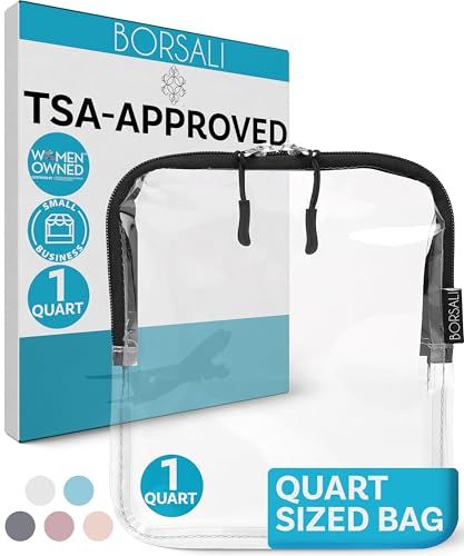 BORSALI TSA Approved Toiletry Bag Clear Quart Size | 3-1-1 Liquids for Carry On Travel, Toiletries Organizer, Cosmetic Pouch with Zipper, Travel Accessories - color: Black