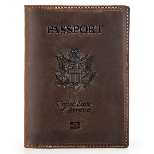 Top Grain Leather Single Travel Passport Wallet Embossing Badge for Unisex, Folio Design for Passport & Multi Cards, RFID Blocking for Passport/Cards/Checks/Bills/AirTag, Coffee Default, US - color: 【US】United States Cover-Default Coffee, size: Badge Embo