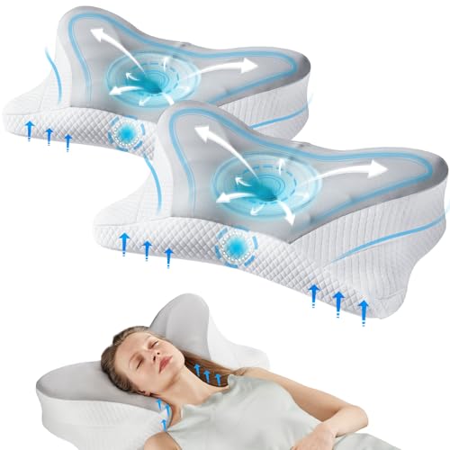 OLIXIS Set of 2 Ergonomic Cervical Pillows, Cooling Memory Foam Contour Pillow, Neck Support Pillow for Side Back Stomach Sleepers with Washable Ice Silk Cover, King Size, Gray - color: Light Grey, size: King Size 2 Pack