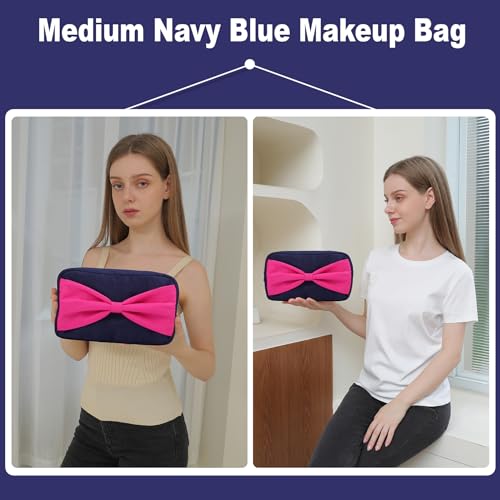 Small Makeup Bag for Women Fashion Travel Cosmetic Pouch Mini Toiletry Kit Bag with Bow (M,NavyBlue-Bow) - color: NavyBlue-Bow, size: M