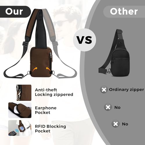 VADOO Sling Bag, Crossbody Bag with Zipper Lock, RFID Blocking & Water Resistant for Men and Women - color: Brown