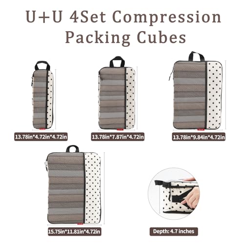 U+U 4 Set Compression Packing Cubes - Ultralight Travel Organizers, Space-Saving Suitcase Organizer, Expandable Packing Cubes for Travel, Business Trip and Family Vacation (Polka Dot)