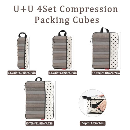 U+U 4 Set Compression Packing Cubes - Ultralight Travel Organizers, Space-Saving Suitcase Organizer, Expandable Packing Cubes for Travel, Business Trip and Family Vacation (Polka Dot)