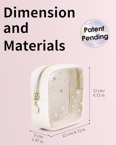 Wandering Nature Clear Makeup Bag for Purse, Mini Make up Bag with Glitter Star Pattern, Cute Cosmetic Pouch for Women with Slip-in Pockets, Travel Toiletry Essentials Vegan Leather Organizer Pouch - color: Beige Star