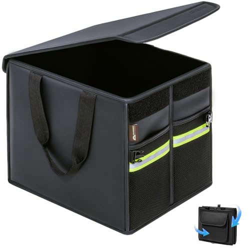 Coverado Trunk Organizer for Car- Nappa Leather Trunk Organizer for SUV with Lid, 30L Multi Collapsible Car Storage Organizer Foldable, Multi Compartments with 2 Straps for SUV/Truck - size: M