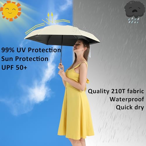 BAODINI Travel Essentials Mini Umbrella for Purse With Case Small Compact UV Sun Protection Lightweight Tiny Pocket Manual Open Close Umbrella for Women Kids and Men Fits Purse Backpack - color: G-2 Pack Pink & Beige