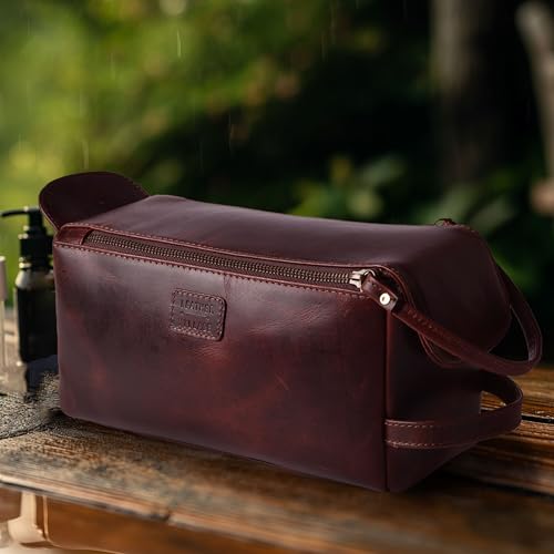 LEATHER VILLAGE Genuine Leather Travel Toiletry Bag - Water-Resistant Dopp Kit for Toiletries, Large Shaving Bag & Bathroom Organizer - Gift for Men & Women - Cherry Brown - color: Cherry Brown