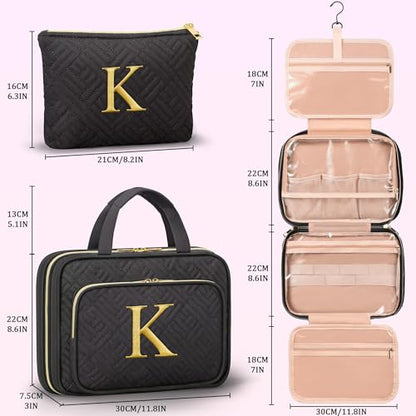 Gifts for Women, Initial Toiletry Makeup Bag Hanging Cosmetic Organizer with Embroidery Letter Personalized Nurse Teacher Appreciation Birthday Mothers Day Gifts for Mom Sister Wife Friends Auntie Her - style: K