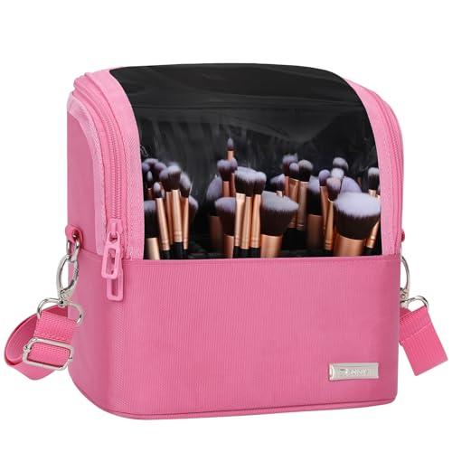 TANTO Makeup Brush Case Stand-up Makeup Cup Makeup Brush Holder Travel Professional Cosmetic Bag Artist Storage Bag Large Makeup Bag with Adjustable Divide (Rose Pink, 1-Large) - color: Rose Pink, size: 1-Large