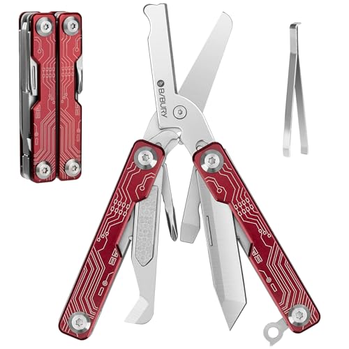 BIBURY Mini Keychain Multitool Scissors BI2061R, 9 in 1 Multitool EDC Scissors with Screwdriver, Bottle Opener, Pocket Knife, Spring -Mini Multi Tool for Outdoor, Daily Use, Gifts for Men and Women - color: Red & White, size: Scissors