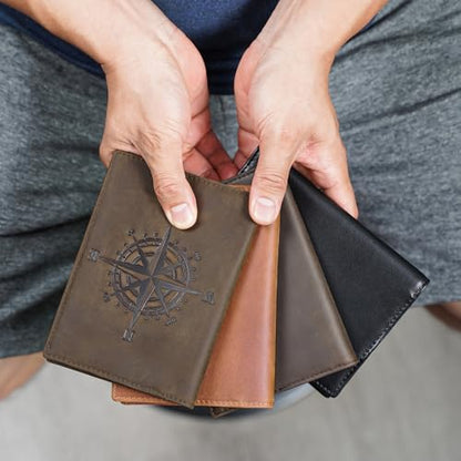Polare Slim RFID Blocking Leather Passport Holder Travel Bifold Wallet For Men(Dark Brown Compass) - color: Dark Brown Compass