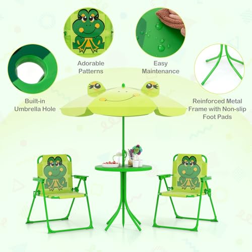 HONEY JOY Kids Picnic Table, Animal Themed Toddler Outdoor Table and Chair Set, 2 Folding Chairs & Removable Umbrella, Children Outdoor Furniture for Backyard Patio Garden (Light Green Frog) - color: Light Green Frog