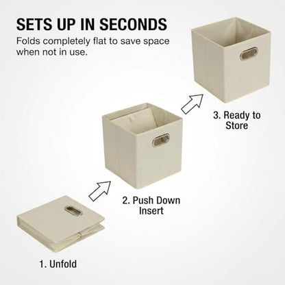 Fabric Storage Bins 6 Piece Set, Strong Poly-Woven Fabric, Sturdy Chipboard Sides, Grommet Front Handle, Stackable and Foldable, Classic Design, Cream - color: Cream, size: 11” L x 11” W x 11” H