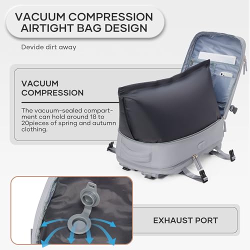 Vacuum Compression Travel Backpack with Pump, Travel Vacuum Bags Flight Approved Waterproof Personal Item Carry on Backpacks with Shoe Compartment/17inch Laptop Compartment/USB Port, Grey