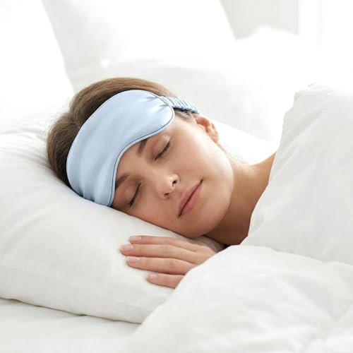 2Pcs Silk Sleeping Mask, Soft Breathable Blackout Eyeshade Comfortable Adjustable Satin Eye Shade for Women Sleep Travel Nap Bridesmaid Gifts (Blue, Black)