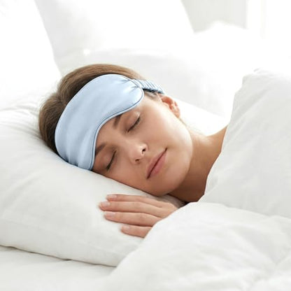 2Pcs Silk Sleeping Mask, Soft Breathable Blackout Eyeshade Comfortable Adjustable Satin Eye Shade for Women Sleep Travel Nap Bridesmaid Gifts (Blue, Black)
